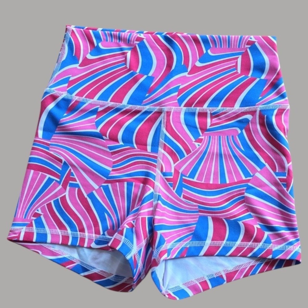 Fleo Womens High Rise Athletic Shorts Pink Blue Geometric Print Yoga CrossFit
